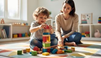 A young child rebuilds a collapsing block tower while a parent or teacher observes during play, illustrating learning through experimentation.