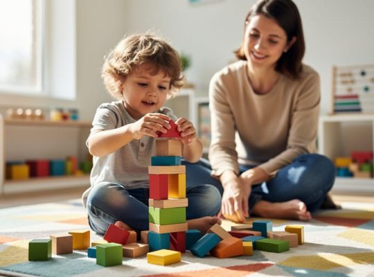 A young child rebuilds a collapsing block tower while a parent or teacher observes during play, illustrating learning through experimentation.