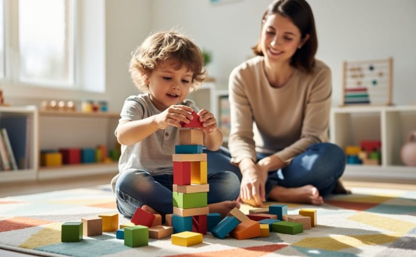A young child rebuilds a collapsing block tower while a parent or teacher observes during play, illustrating learning through experimentation.