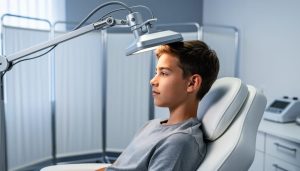 Teen seated in a clinical room receiving transcranial magnetic stimulation with a device positioned above the head, shown in a calm, reassuring setting.