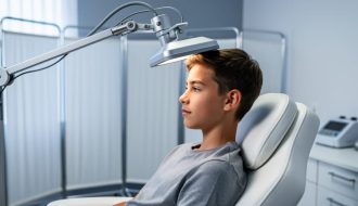 Teen seated in a clinical room receiving transcranial magnetic stimulation with a device positioned above the head, shown in a calm, reassuring setting.