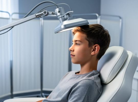 Teen seated in a clinical room receiving transcranial magnetic stimulation with a device positioned above the head, shown in a calm, reassuring setting.