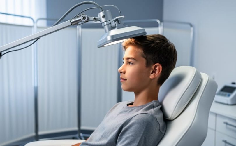 Teen seated in a clinical room receiving transcranial magnetic stimulation with a device positioned above the head, shown in a calm, reassuring setting.