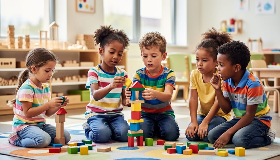 Two children collaborating over an open-ended block and loose-parts building setup in a classroom