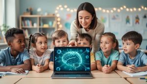 Children and a supervising adult watching a calming neuroscience learning video on a laptop in a classroom setting.