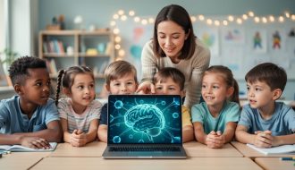 Children and a supervising adult watching a calming neuroscience learning video on a laptop in a classroom setting.