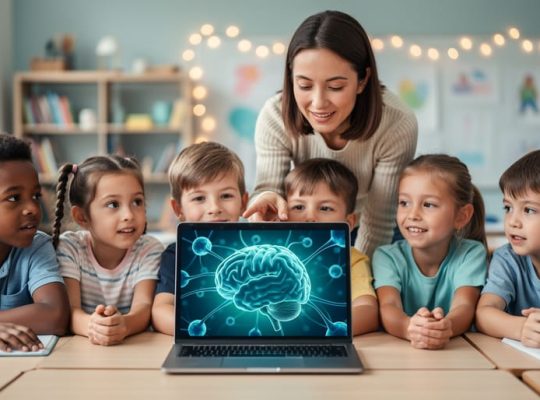 Children and a supervising adult watching a calming neuroscience learning video on a laptop in a classroom setting.