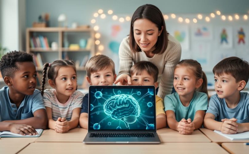 Children and a supervising adult watching a calming neuroscience learning video on a laptop in a classroom setting.