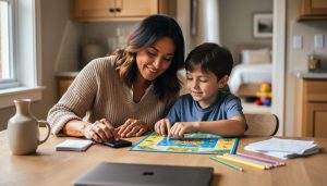 Parent and child sitting at a kitchen table with a smartphone set aside while playing a board game and using paper activities together.
