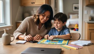 Parent and child sitting at a kitchen table with a smartphone set aside while playing a board game and using paper activities together.