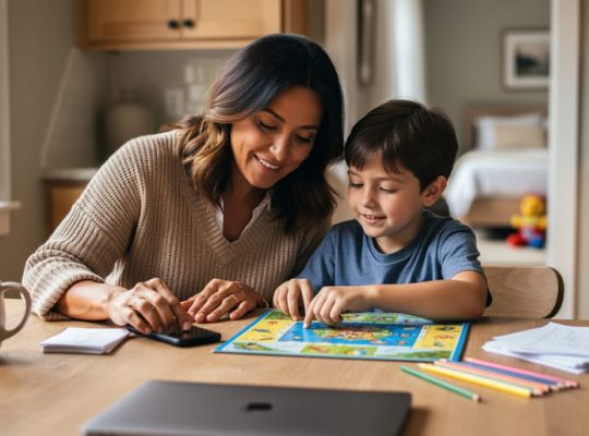 Parent and child sitting at a kitchen table with a smartphone set aside while playing a board game and using paper activities together.