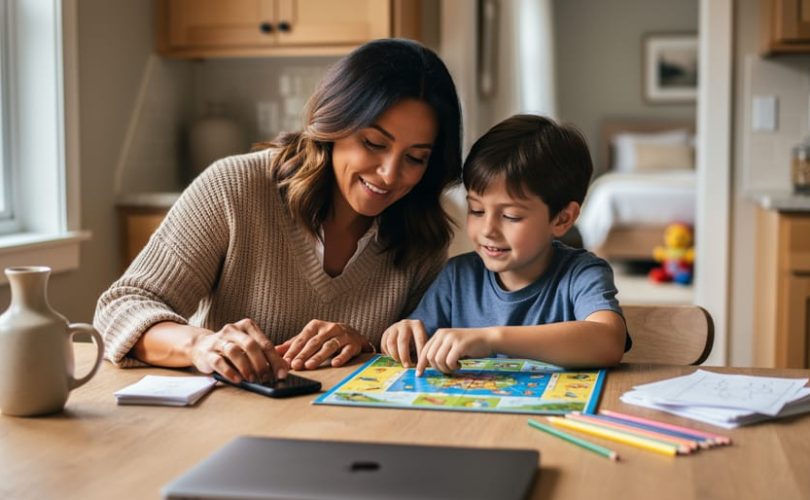 Parent and child sitting at a kitchen table with a smartphone set aside while playing a board game and using paper activities together.
