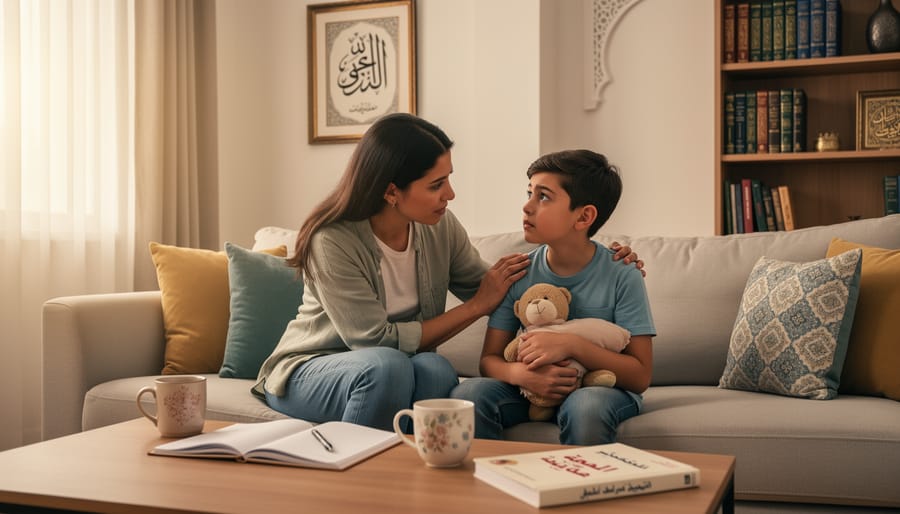 Arabic-speaking parent comforting a child with a hand on the shoulder in a living room