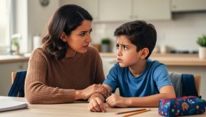 Arabic-speaking parent comforting a child at a kitchen table in soft natural light, suggesting emotional support for childhood anxiety.