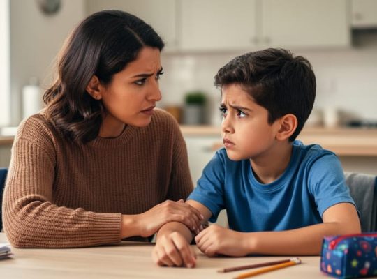Arabic-speaking parent comforting a child at a kitchen table in soft natural light, suggesting emotional support for childhood anxiety.