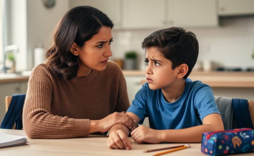 Arabic-speaking parent comforting a child at a kitchen table in soft natural light, suggesting emotional support for childhood anxiety.