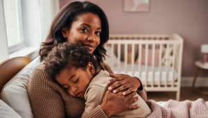 Parent holding a child close during a soothing moment, conveying emotional security and nurturing attachment.