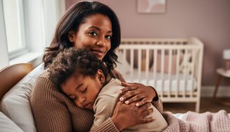 Parent holding a child close during a soothing moment, conveying emotional security and nurturing attachment.
