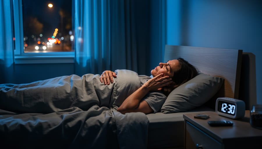A person in bed at night with a glowing bedside alarm clock, representing disrupted sleep from noise exposure.