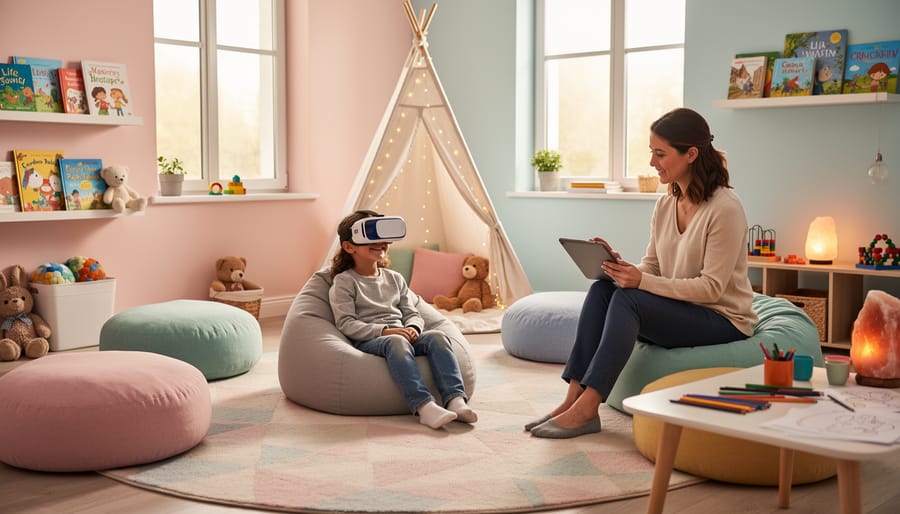 Calm child-friendly relaxation area with therapist nearby in a quiet clinical setting