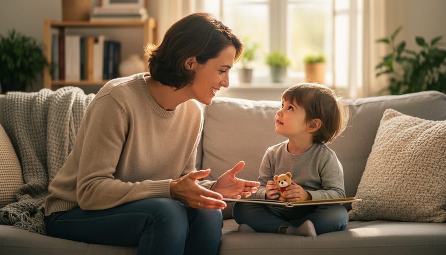 A caregiver listens and comforts a child during a calm, attentive moment.