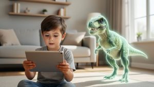 A child holds a tablet with an augmented reality dinosaur appearing in the room alongside them during a learning activity at home.