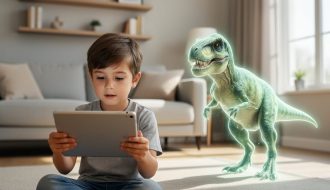 A child holds a tablet with an augmented reality dinosaur appearing in the room alongside them during a learning activity at home.