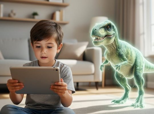 A child holds a tablet with an augmented reality dinosaur appearing in the room alongside them during a learning activity at home.