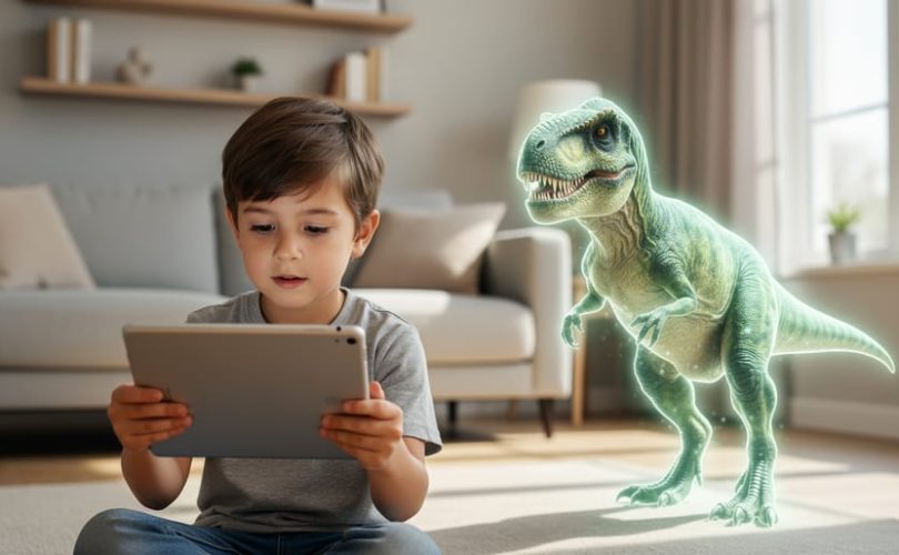 A child holds a tablet with an augmented reality dinosaur appearing in the room alongside them during a learning activity at home.