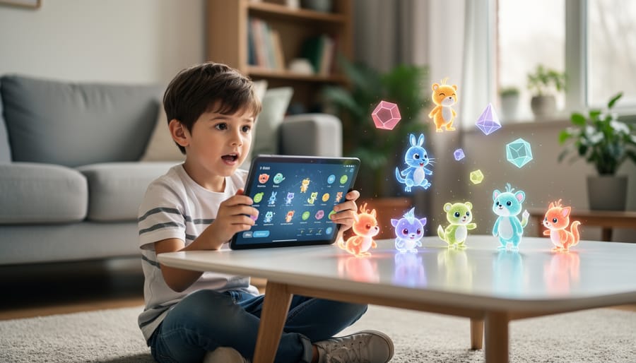 Child using a tablet for an augmented reality learning activity at home with a dinosaur appearing in the real room space.