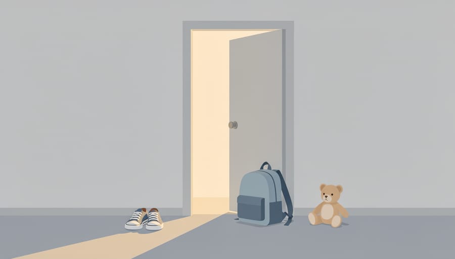 Child’s shoes and backpack near a doorway with a caregiver silhouette in the background.