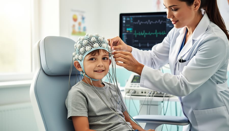 Child seated in a clinic during a QEEG session with EEG sensors being prepared by a clinician