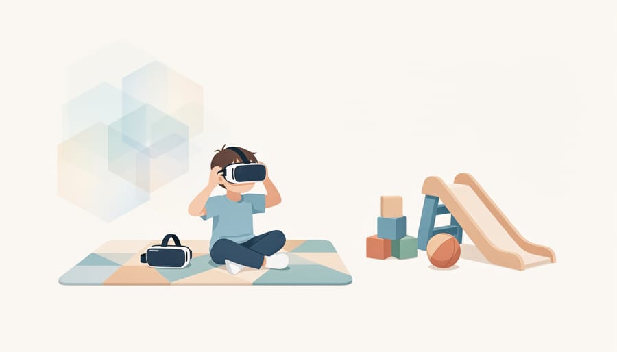 Child holding a VR headset while sitting in a library chair after a session