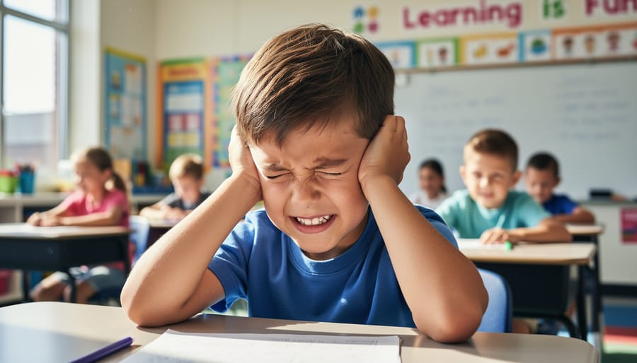 A child in a classroom covering their ears, suggesting distress from surrounding noise.