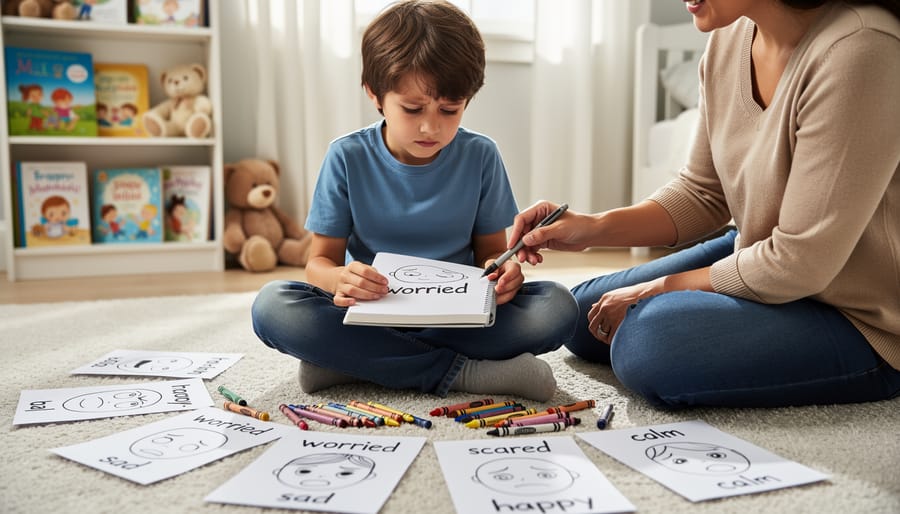 Child studying at a desk holding a small worry notebook while looking down