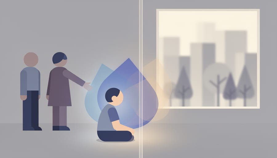 Child silhouette looking out a window with rain blurring the outside view