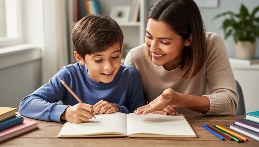 A child’s hand writing in a blank notebook beside a supportive adult in a calm room setting
