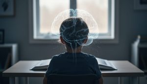 A child’s silhouette seated in a calm study setting with subtle brain-like light pathways radiating behind them, symbolizing childhood trauma’s influence on brain development.