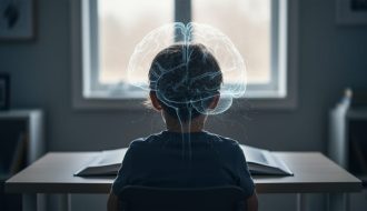 A child’s silhouette seated in a calm study setting with subtle brain-like light pathways radiating behind them, symbolizing childhood trauma’s influence on brain development.
