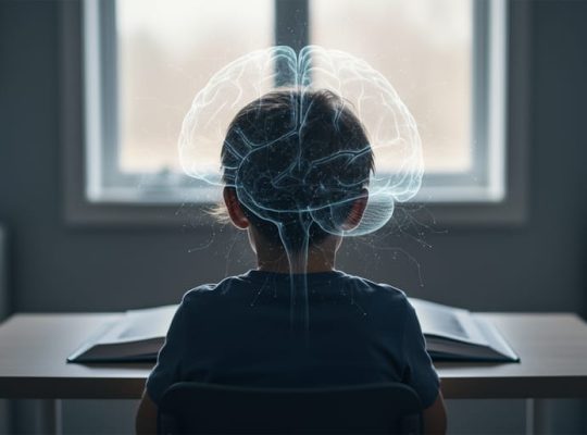 A child’s silhouette seated in a calm study setting with subtle brain-like light pathways radiating behind them, symbolizing childhood trauma’s influence on brain development.