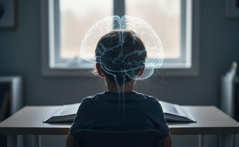 A child’s silhouette seated in a calm study setting with subtle brain-like light pathways radiating behind them, symbolizing childhood trauma’s influence on brain development.