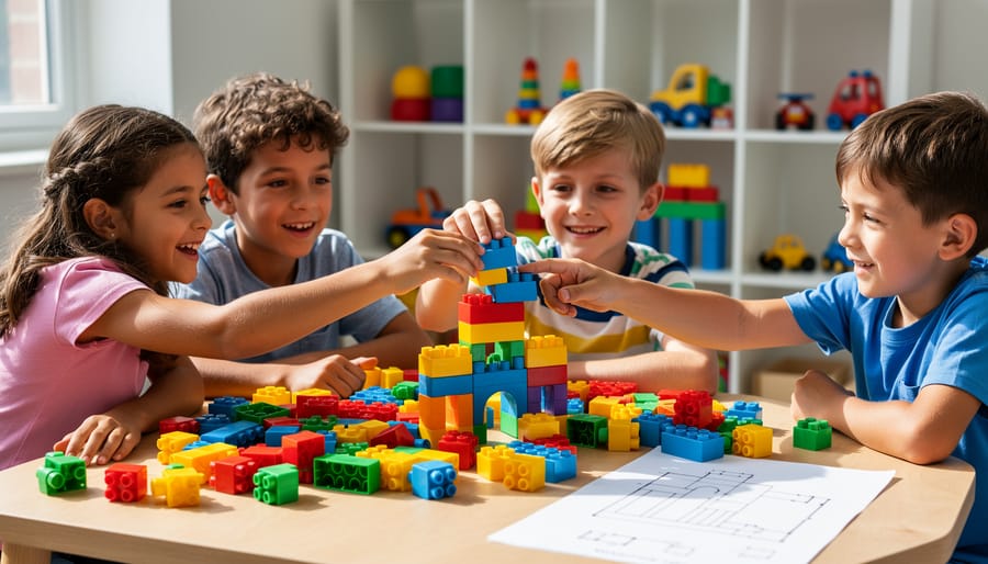 A group of children working together to build a tall wooden block tower on a classroom rug