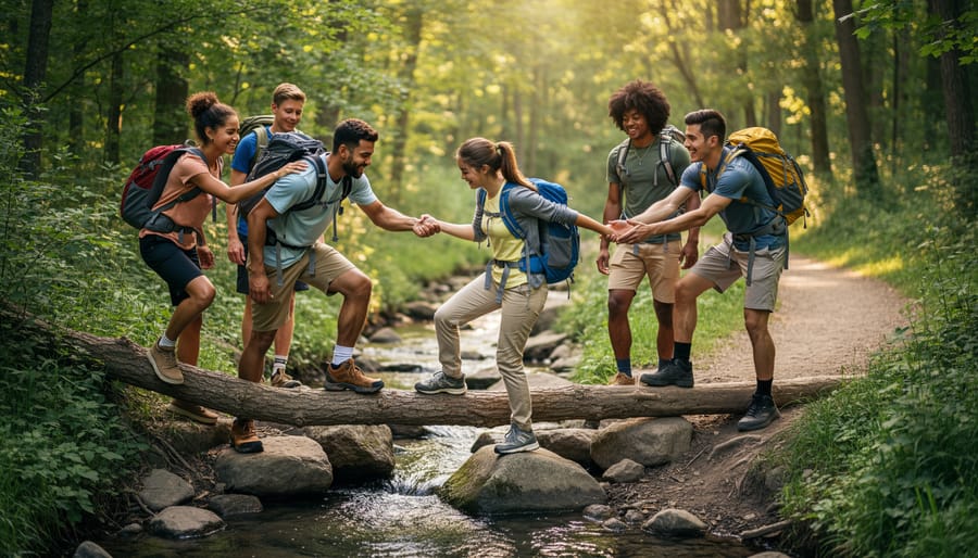 Children explore a fallen log over a shallow stream together in warm golden-hour forest light.
