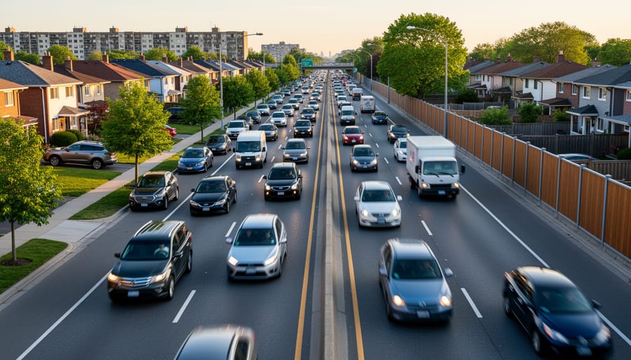 Cars and buses passing on a busy city street, illustrating traffic noise in everyday life.