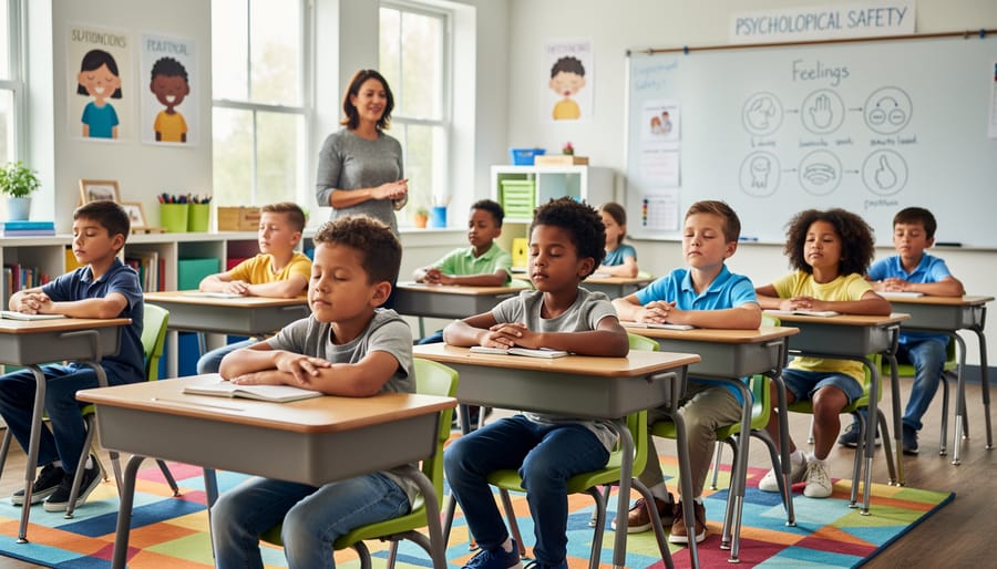 Children sitting together in a classroom calm-corner space, showing supportive listening and emotional safety.