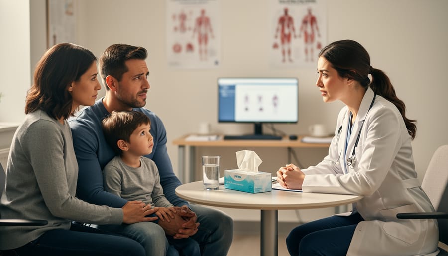 A clinician seated with a parent and child in a bright healthcare clinic waiting area, conveying reassurance and care.