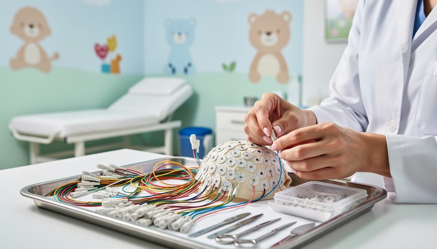 Clinician preparing EEG sensor equipment over a padded chair in a clinical room