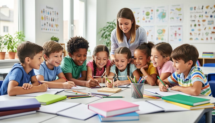 Children forming a circle and holding small picture cards during a collaborative classroom activity