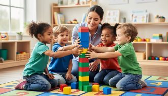 Children and an adult collaborate to build a colorful block tower together in a classroom play area.