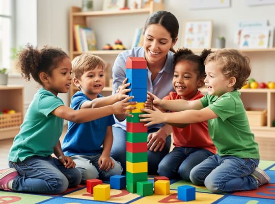 Children and an adult collaborate to build a colorful block tower together in a classroom play area.